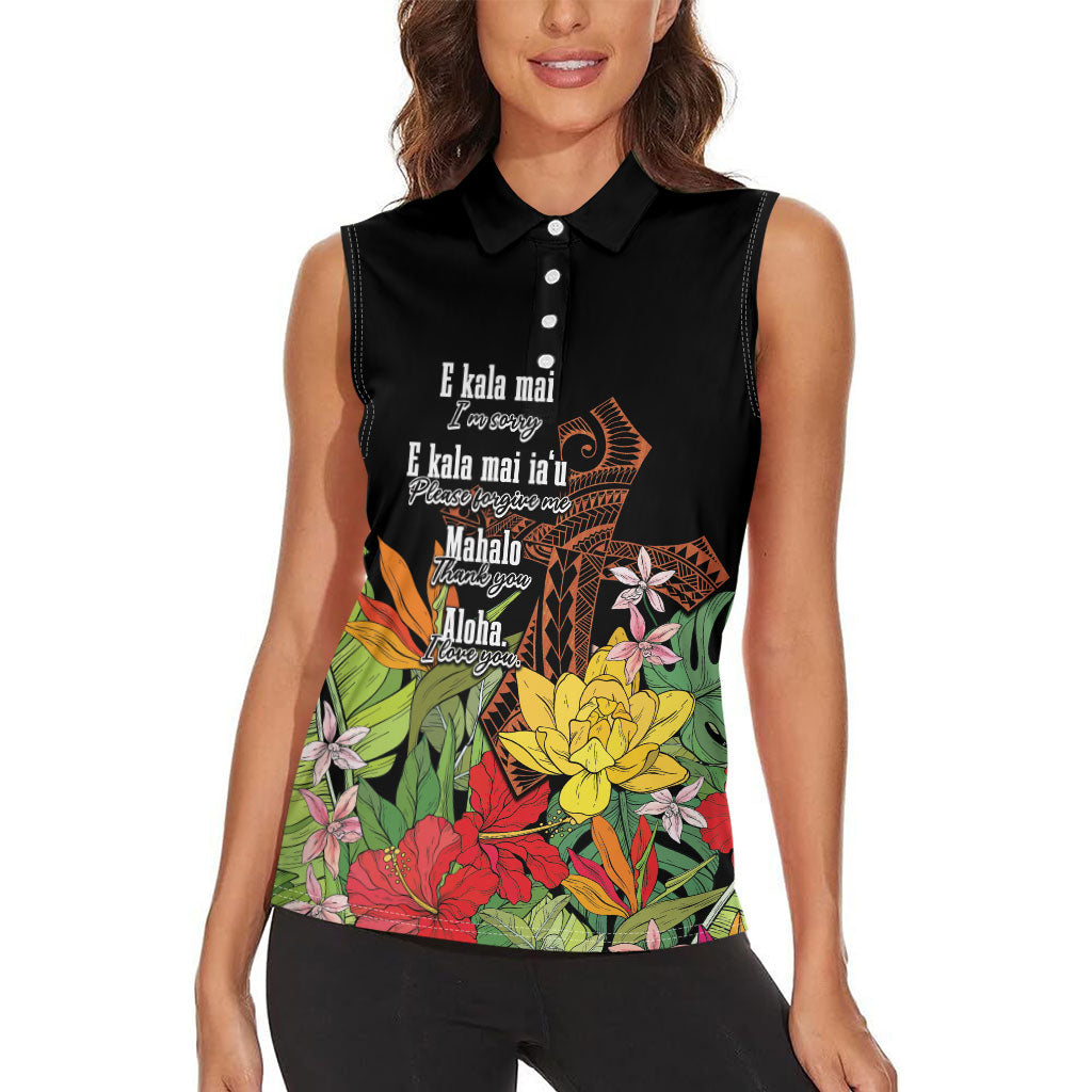 Mahalo Hawaii Ho'oponopono Pule Women Sleeveless Polo Shirt Polynesian Pattern Cross LT7 - Polynesian Pride