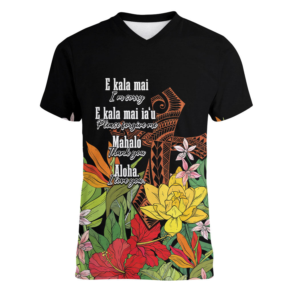 Mahalo Hawaii Ho'oponopono Pule Women V-Neck T-Shirt Polynesian Pattern Cross LT7 Female Black - Polynesian Pride