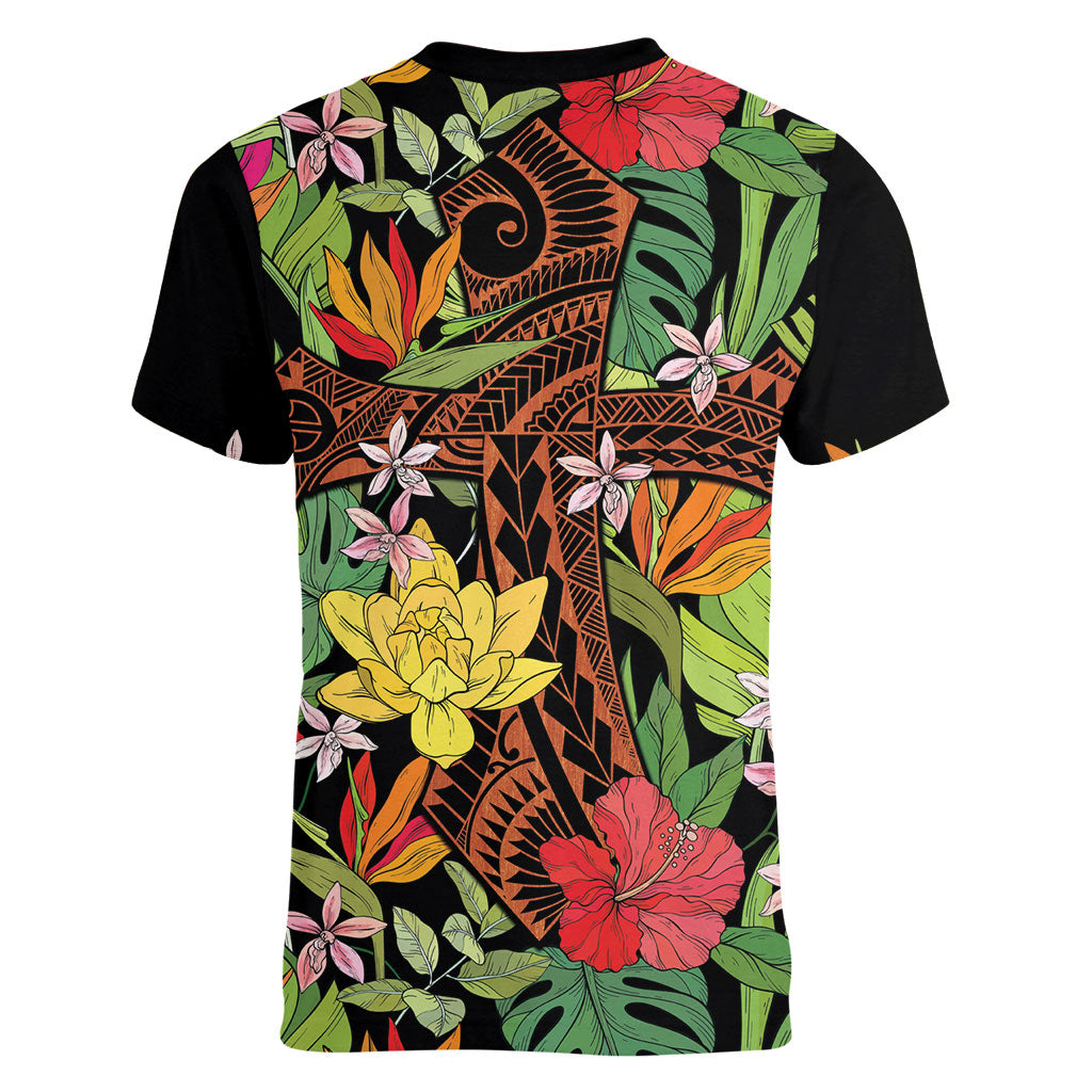 Mahalo Hawaii Ho'oponopono Pule Women V-Neck T-Shirt Polynesian Pattern Cross LT7 - Polynesian Pride
