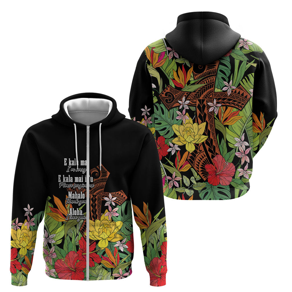 Mahalo Hawaii Ho'oponopono Pule Zip Hoodie Polynesian Pattern Cross LT7 - Polynesian Pride