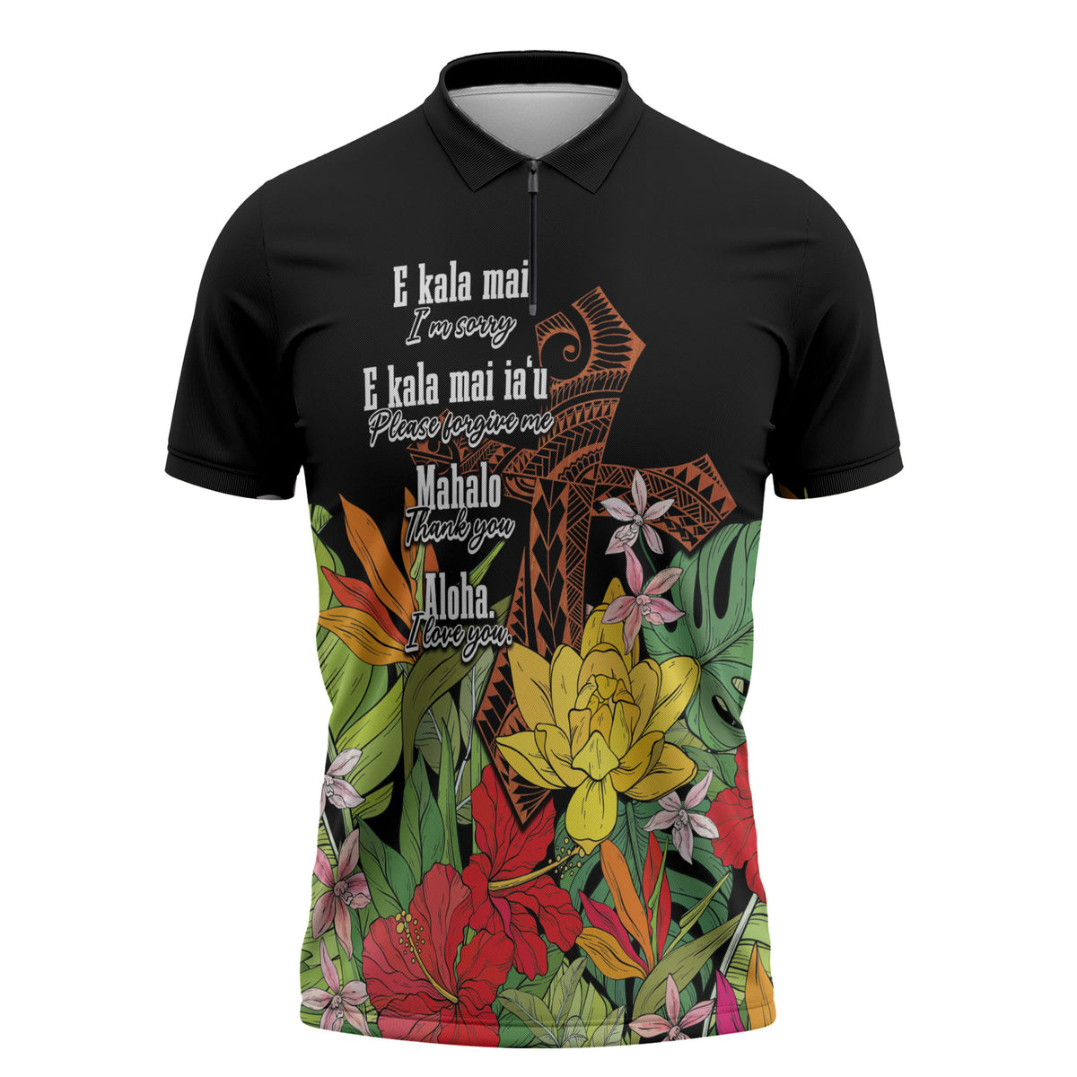 Mahalo Hawaii Ho'oponopono Pule Zipper Polo Shirt Polynesian Pattern Cross LT7 Black - Polynesian Pride