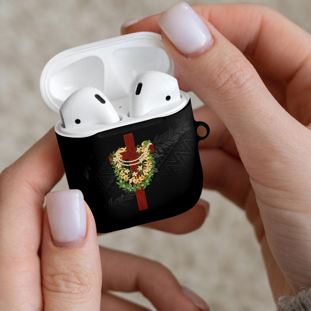 Hawaii Ka Pule a ka Haku Memorial AirPods Case Flower Lei Cross - Black LT7 - Polynesian Pride