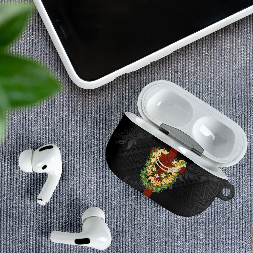 Hawaii Ka Pule a ka Haku Memorial AirPods Case Flower Lei Cross - Black LT7 - Polynesian Pride