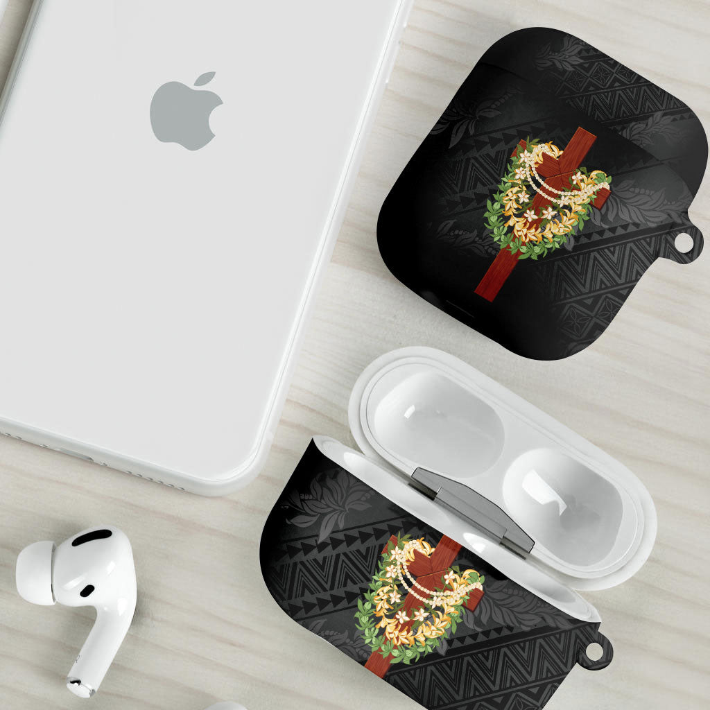 Hawaii Ka Pule a ka Haku Memorial AirPods Case Flower Lei Cross - Black LT7 - Polynesian Pride