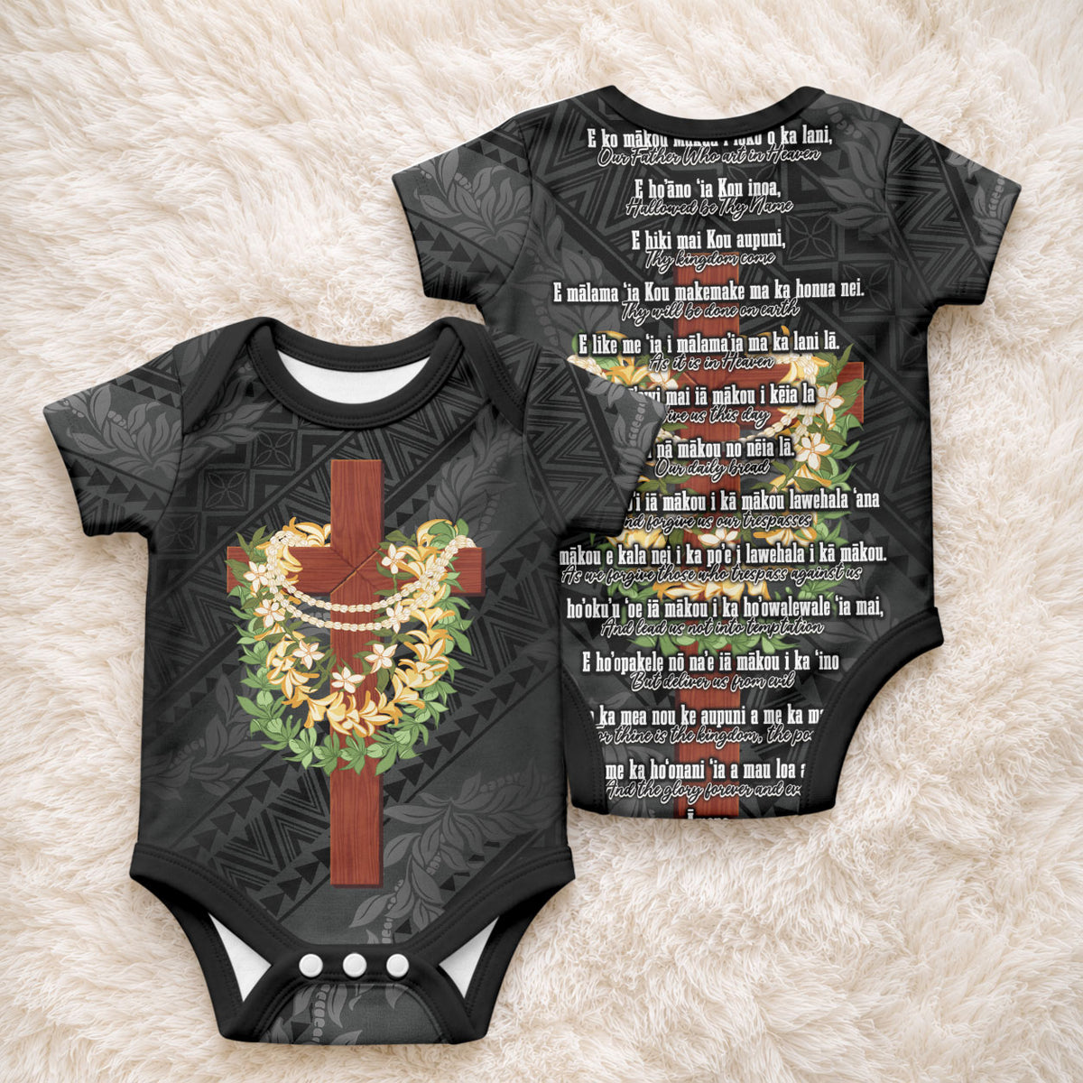 Hawaii ⁠Ka Pule a ka Haku Memorial Baby Onesie Flower Lei Cross - Black