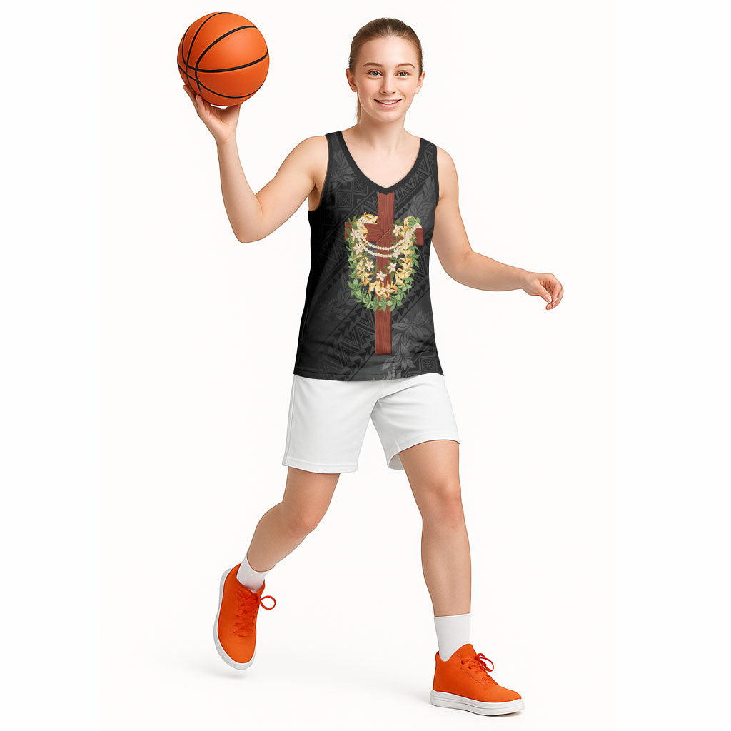 Hawaii ⁠Ka Pule a ka Haku Memorial Basketball Jersey Flower Lei Cross - Black