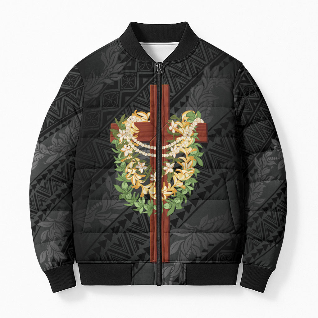 Hawaii ⁠Ka Pule a ka Haku Memorial Bomber Puffer Jacket Flower Lei Cross - Black