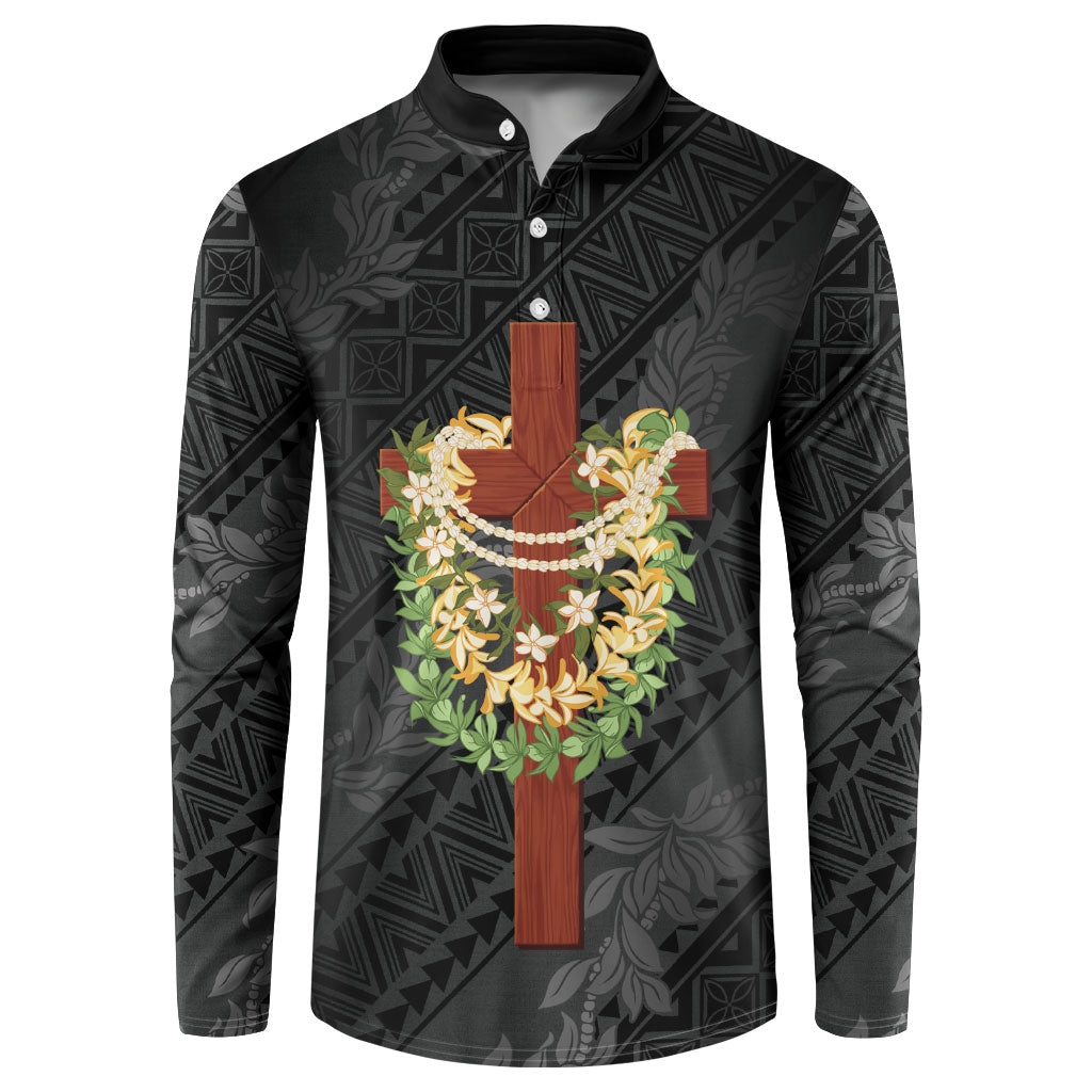 Hawaii Ka Pule a ka Haku Memorial Button Sweatshirt Flower Lei Cross - Black LT7 Black - Polynesian Pride