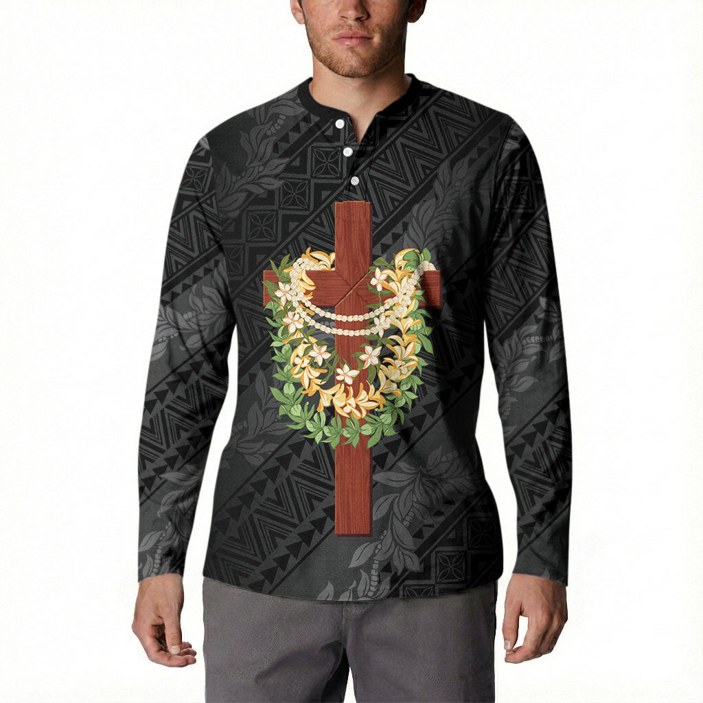Hawaii Ka Pule a ka Haku Memorial Button Sweatshirt Flower Lei Cross - Black LT7 - Polynesian Pride