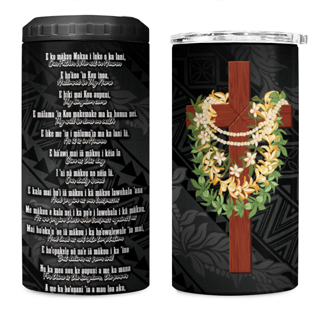 Hawaii ⁠Ka Pule a ka Haku Memorial 4 in 1 Can Cooler Tumbler Flower Lei Cross - Black