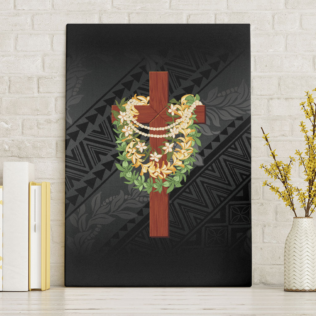 Hawaii Ka Pule a ka Haku Memorial Canvas Wall Art Flower Lei Cross - Black LT7 Without Frame Black - Polynesian Pride