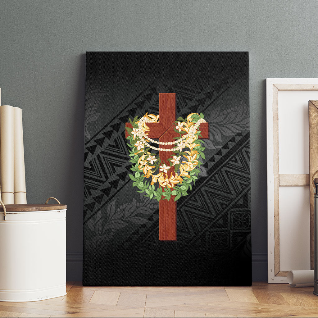 Hawaii Ka Pule a ka Haku Memorial Canvas Wall Art Flower Lei Cross - Black LT7 - Polynesian Pride