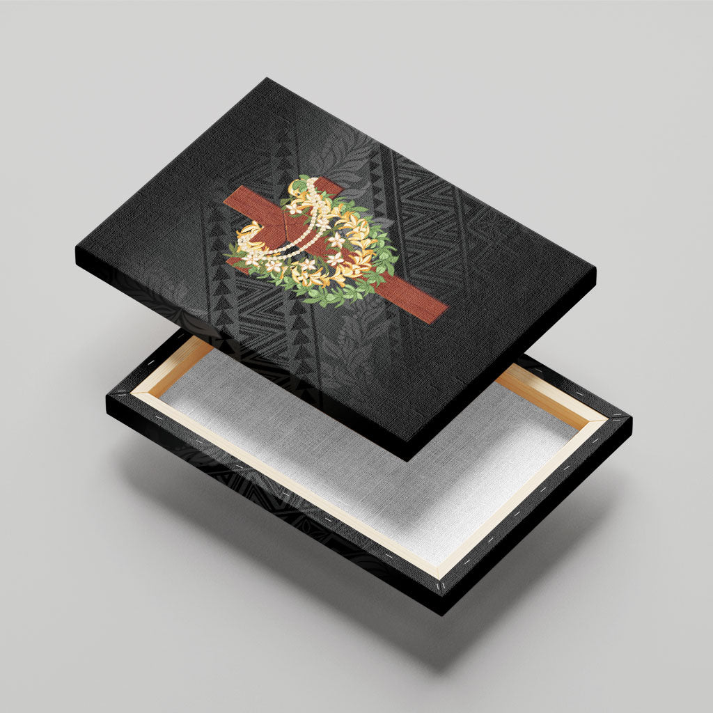 Hawaii Ka Pule a ka Haku Memorial Canvas Wall Art Flower Lei Cross - Black LT7 - Polynesian Pride