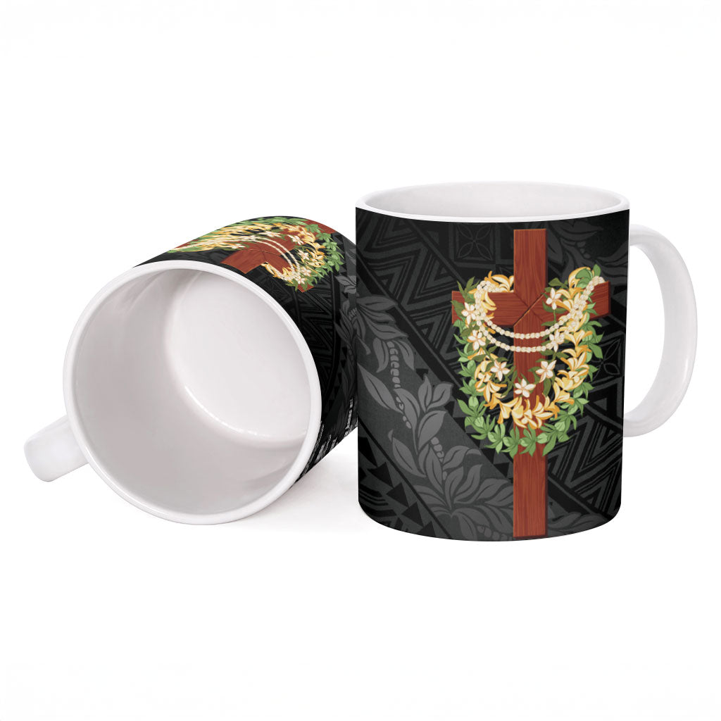 Hawaii Ka Pule a ka Haku Memorial Ceramic Mug Flower Lei Cross - Black LT7 - Polynesian Pride