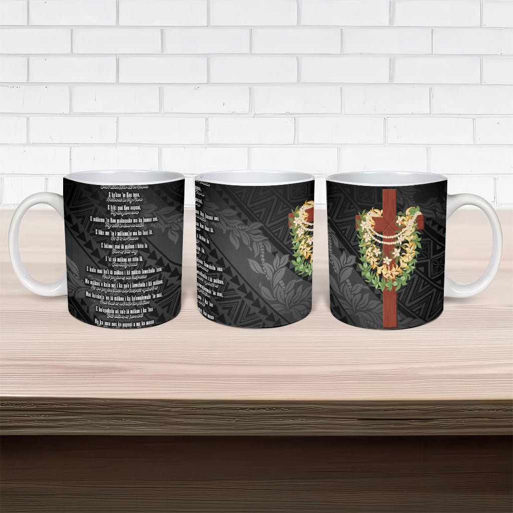 Hawaii Ka Pule a ka Haku Memorial Ceramic Mug Flower Lei Cross - Black LT7 - Polynesian Pride
