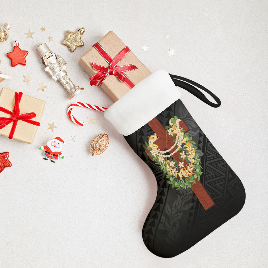 Hawaii ⁠Ka Pule a ka Haku Memorial Christmas Stocking Flower Lei Cross - Black