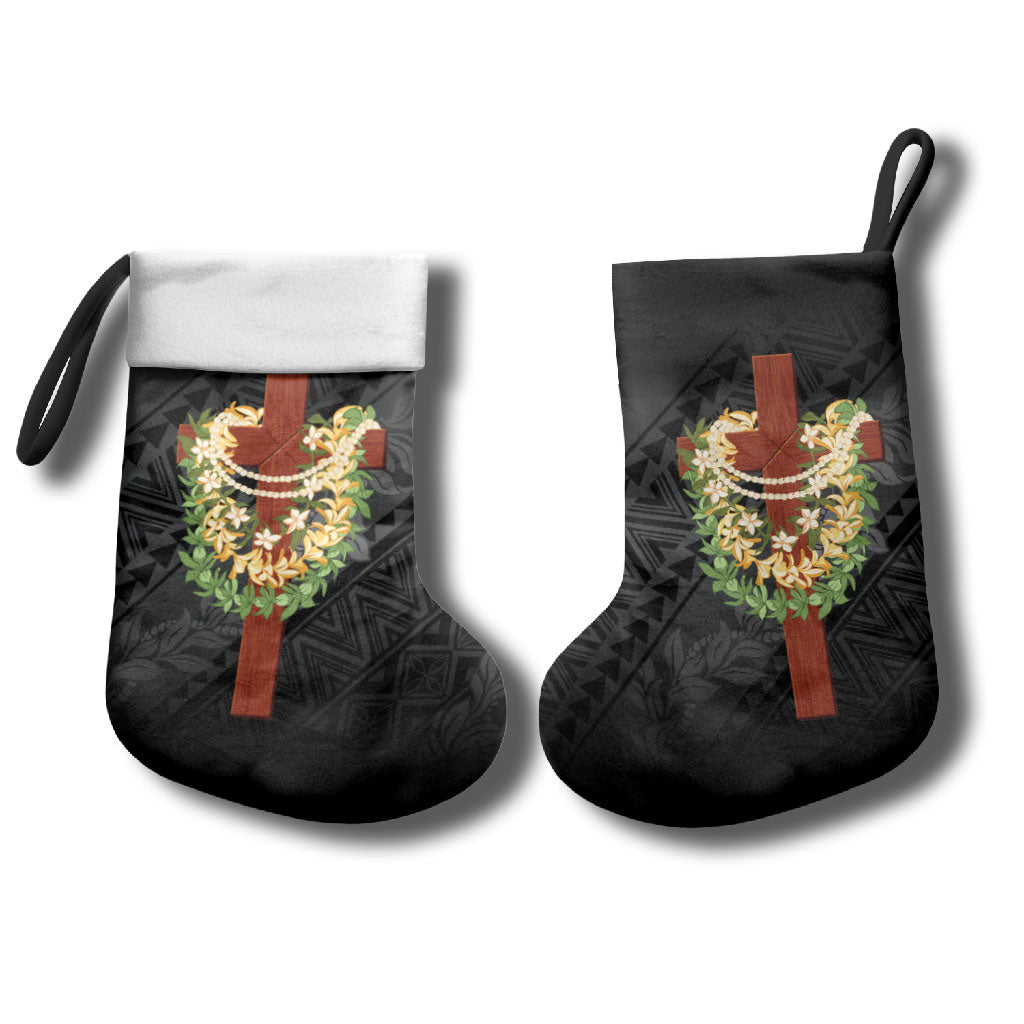 Hawaii ⁠Ka Pule a ka Haku Memorial Christmas Stocking Flower Lei Cross - Black