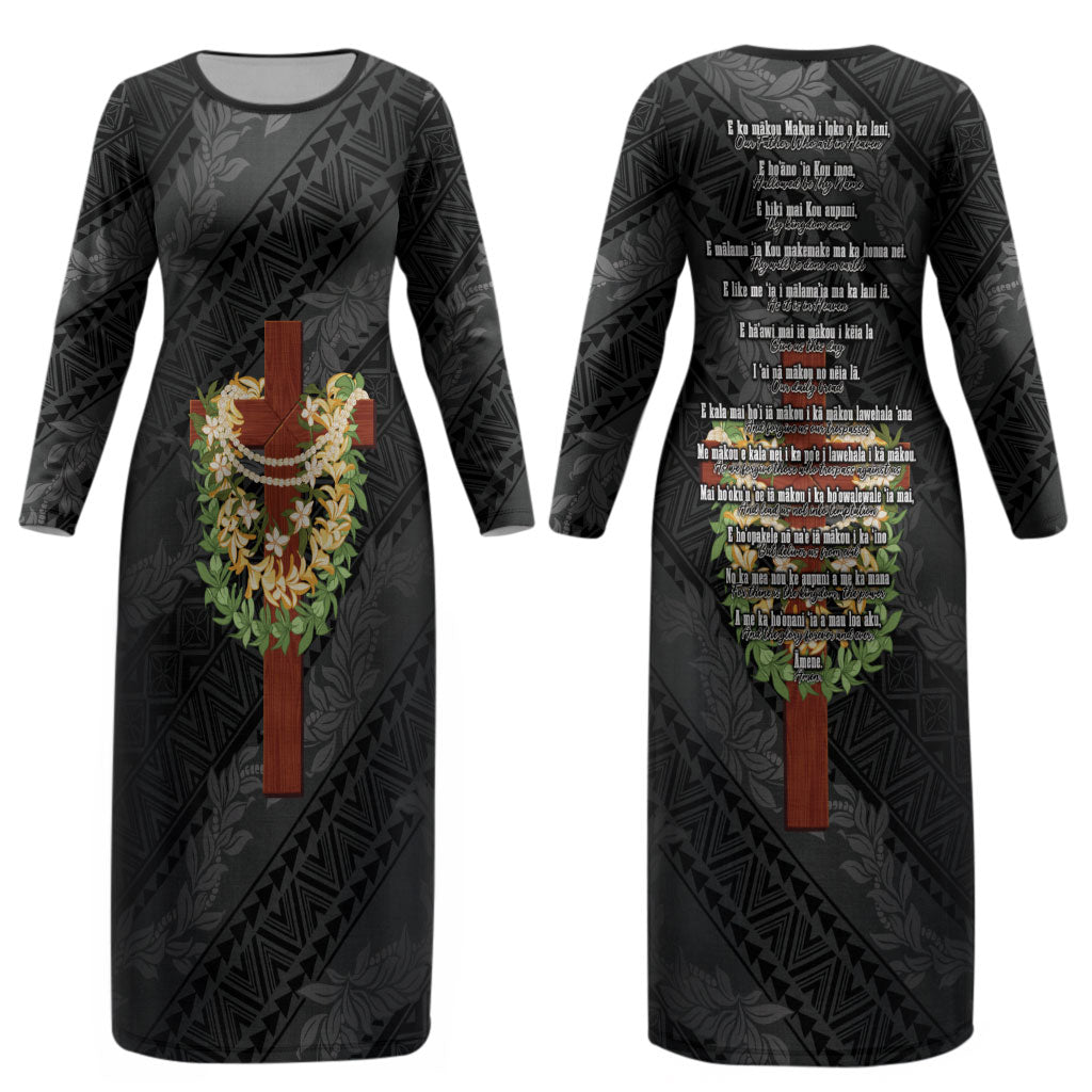 Hawaii Ka Pule a ka Haku Memorial Couples Matching Long Sleeve Bodycon Dress and Long Sleeve Button Shirt Flower Lei Cross - Black LT7 - Polynesian Pride