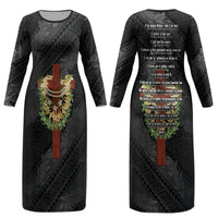 Hawaii Ka Pule a ka Haku Memorial Couples Matching Long Sleeve Bodycon Dress and Long Sleeve Button Shirt Flower Lei Cross - Black LT7 - Polynesian Pride