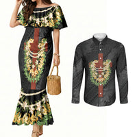 Hawaii Ka Pule a ka Haku Memorial Couples Matching Mermaid Dress and Long Sleeve Button Shirt Flower Lei Cross - Black LT7 Black - Polynesian Pride
