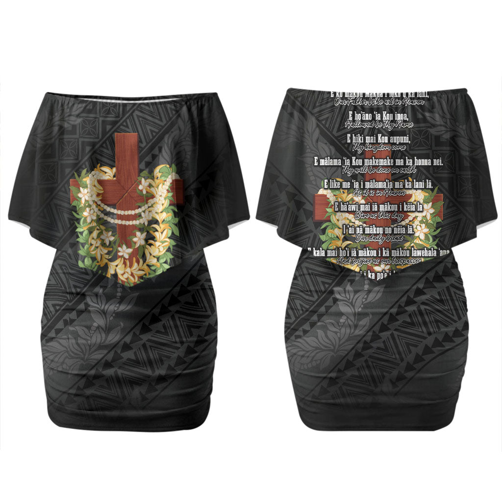 Hawaii Ka Pule a ka Haku Memorial Couples Matching Off Shoulder Short Dress and Hawaiian Shirt Flower Lei Cross - Black LT7 - Polynesian Pride