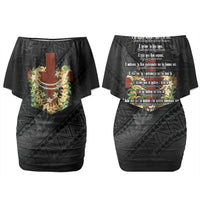 Hawaii Ka Pule a ka Haku Memorial Couples Matching Off Shoulder Short Dress and Hawaiian Shirt Flower Lei Cross - Black LT7 - Polynesian Pride