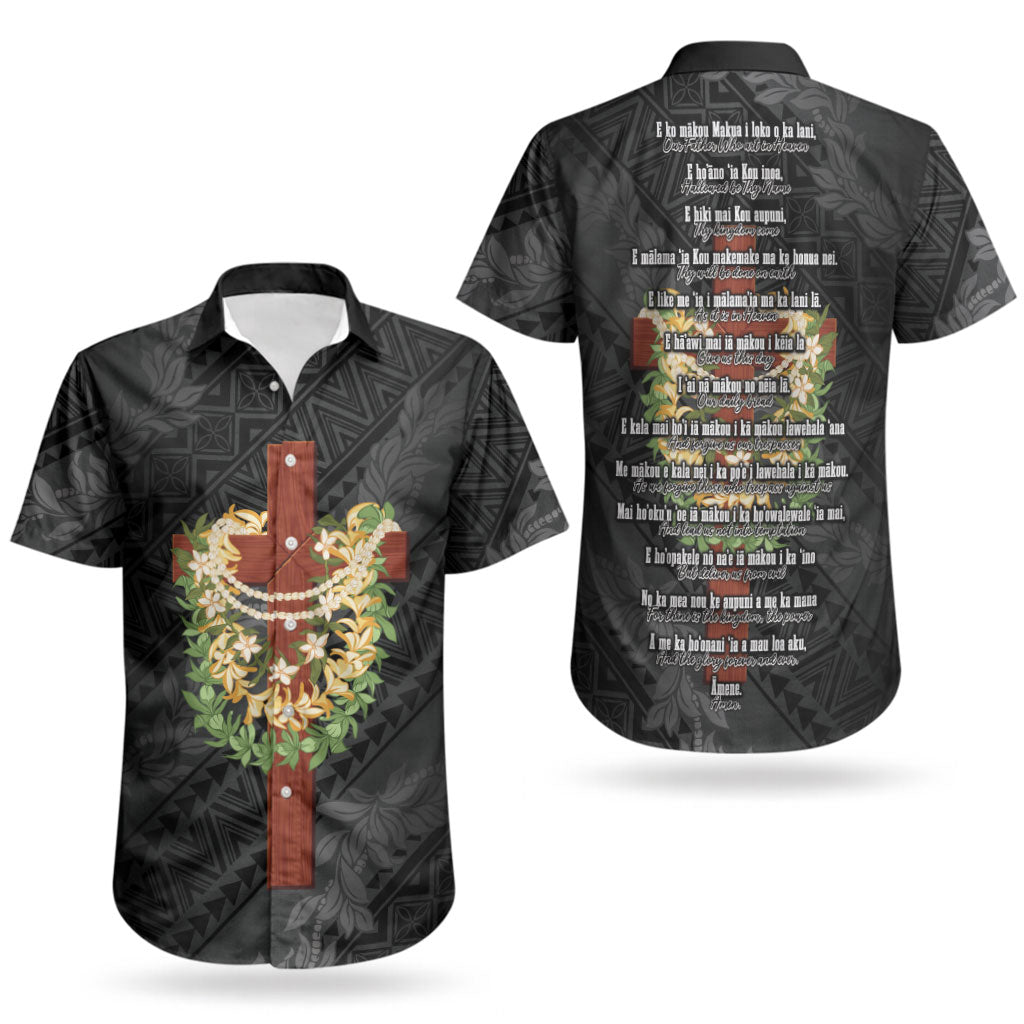 Hawaii Ka Pule a ka Haku Memorial Couples Matching Off Shoulder Short Dress and Hawaiian Shirt Flower Lei Cross - Black LT7 - Polynesian Pride