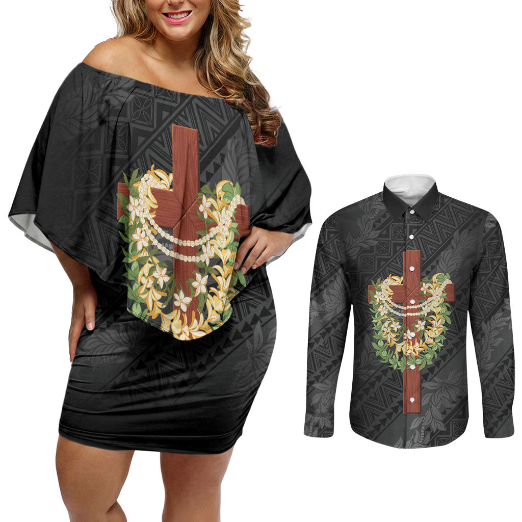 Hawaii ⁠Ka Pule a ka Haku Memorial Couples Matching Off Shoulder Short Dress and Long Sleeve Button Shirt Flower Lei Cross - Black