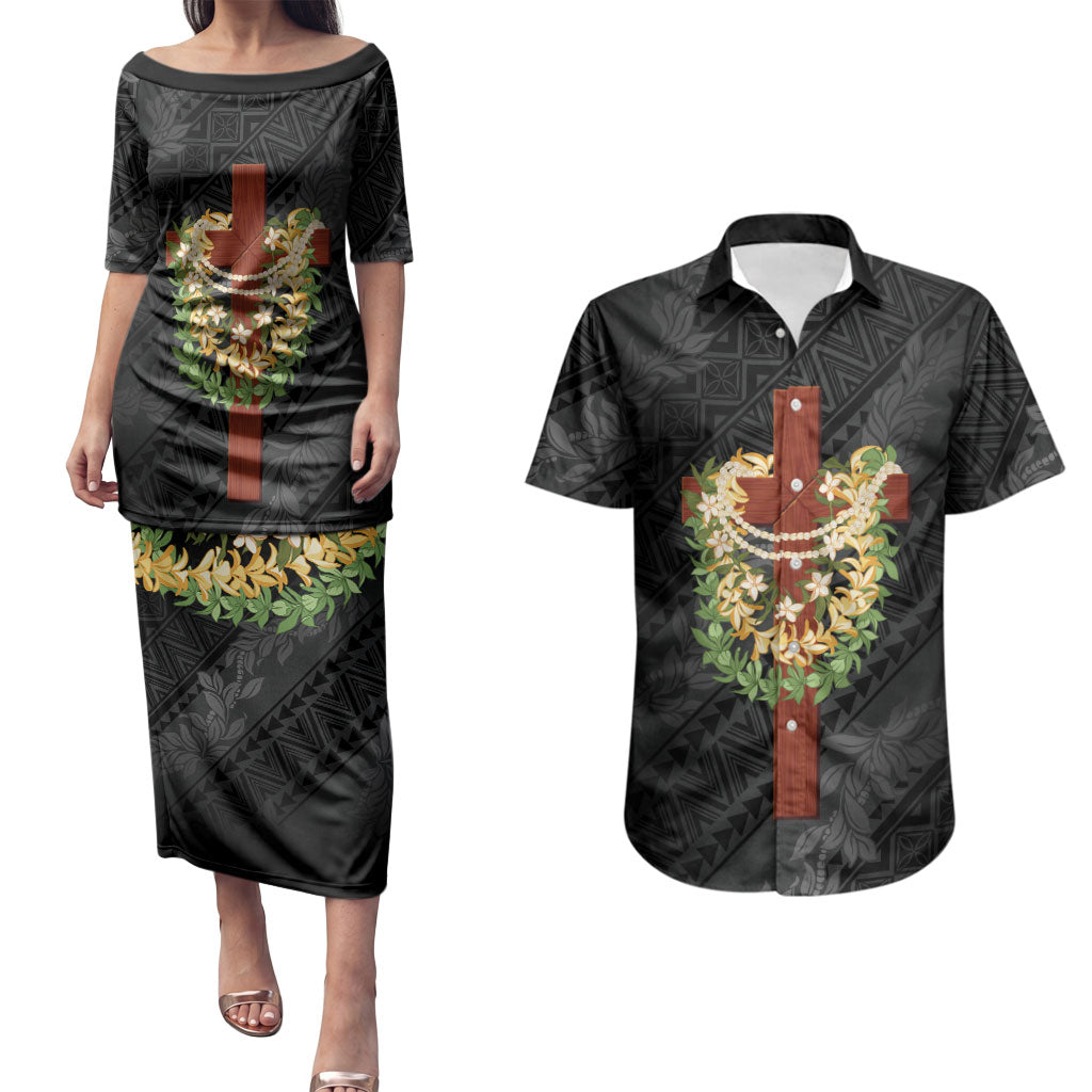 Hawaii ⁠Ka Pule a ka Haku Memorial Couples Matching Puletasi and Hawaiian Shirt Flower Lei Cross - Black