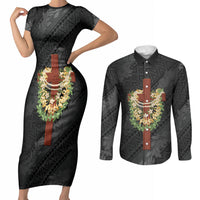 Hawaii Ka Pule a ka Haku Memorial Couples Matching Short Sleeve Bodycon Dress and Long Sleeve Button Shirt Flower Lei Cross - Black LT7 Black - Polynesian Pride