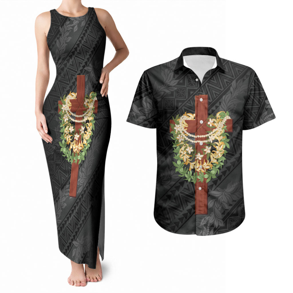 Hawaii Ka Pule a ka Haku Memorial Couples Matching Tank Maxi Dress and Hawaiian Shirt Flower Lei Cross - Black LT7 Black - Polynesian Pride