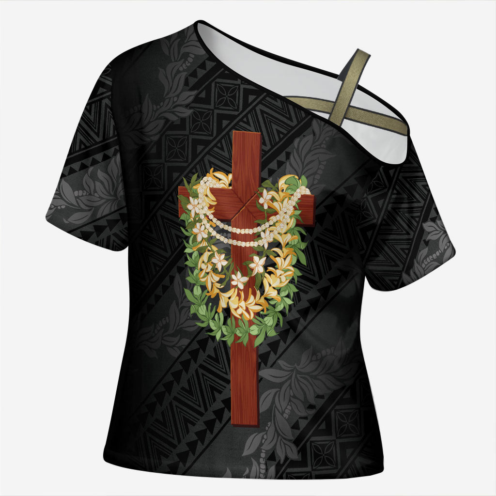 Hawaii ⁠Ka Pule a ka Haku Memorial Cross Shoulder Shirt Flower Lei Cross - Black