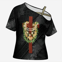 Hawaii Ka Pule a ka Haku Memorial Cross Shoulder Shirt Flower Lei Cross - Black LT7 Female Black - Polynesian Pride