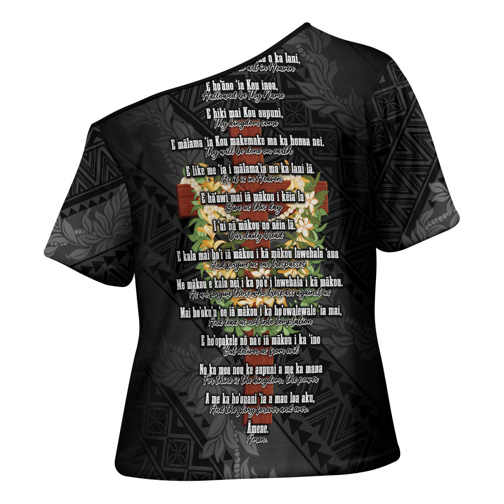 Hawaii Ka Pule a ka Haku Memorial Cross Shoulder Shirt Flower Lei Cross - Black LT7 - Polynesian Pride