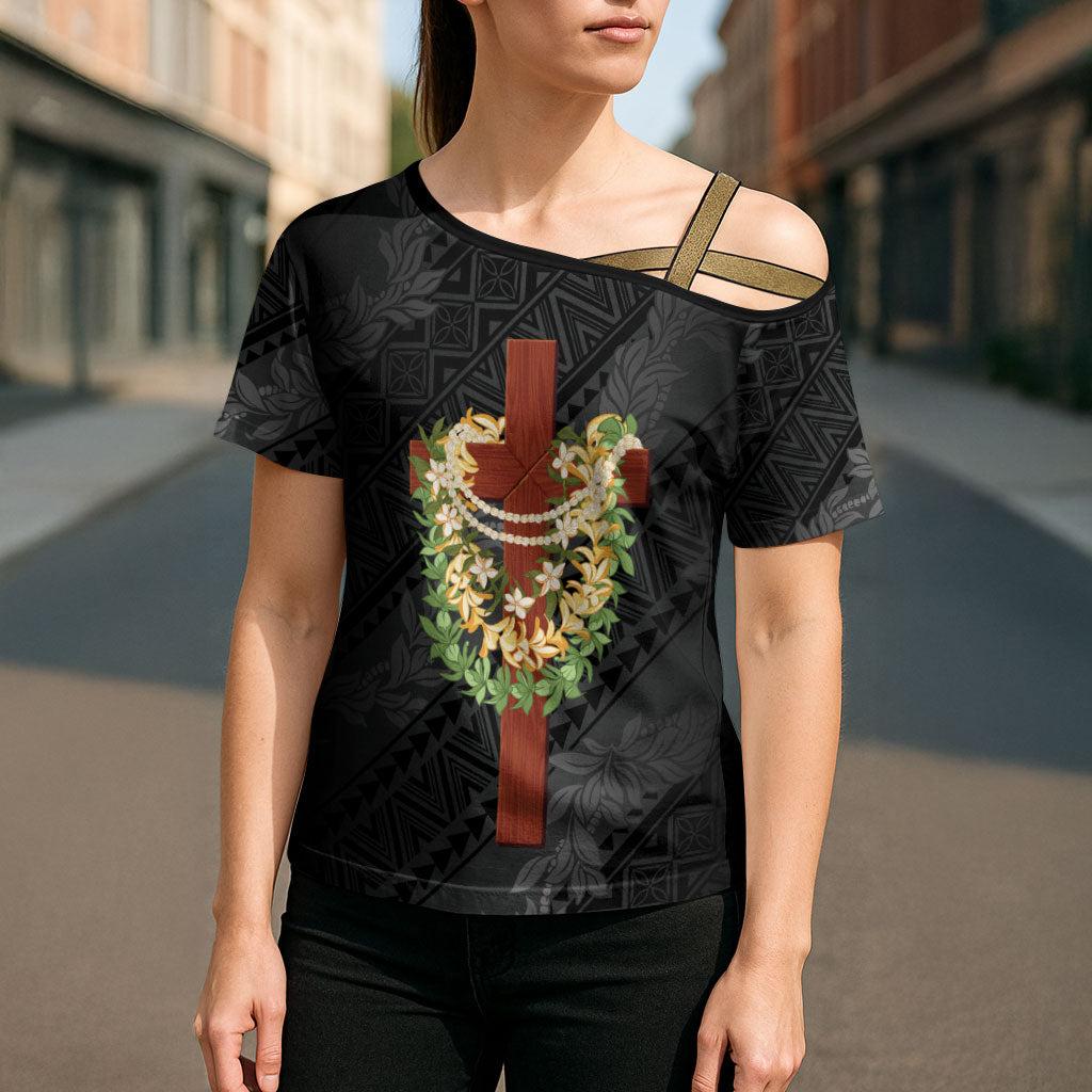 Hawaii Ka Pule a ka Haku Memorial Cross Shoulder Shirt Flower Lei Cross - Black LT7 - Polynesian Pride
