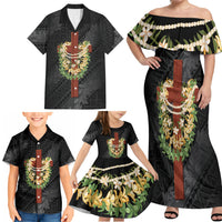 Hawaii Ka Pule a ka Haku Memorial Family Matching Off Shoulder Maxi Dress and Hawaiian Shirt Flower Lei Cross - Black LT7 - Polynesian Pride