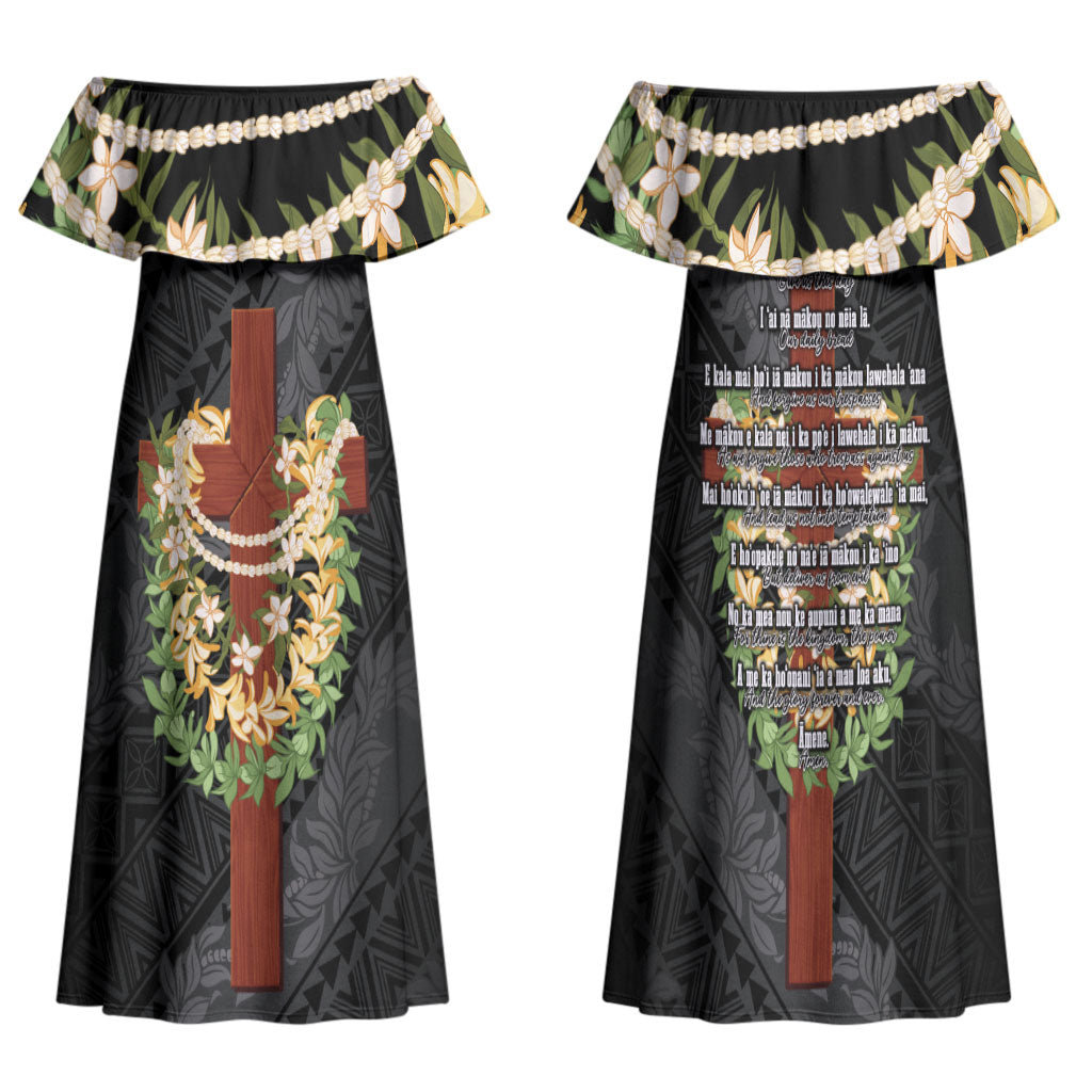 Hawaii Ka Pule a ka Haku Memorial Family Matching Off Shoulder Maxi Dress and Hawaiian Shirt Flower Lei Cross - Black LT7 Mom's Dress Black - Polynesian Pride
