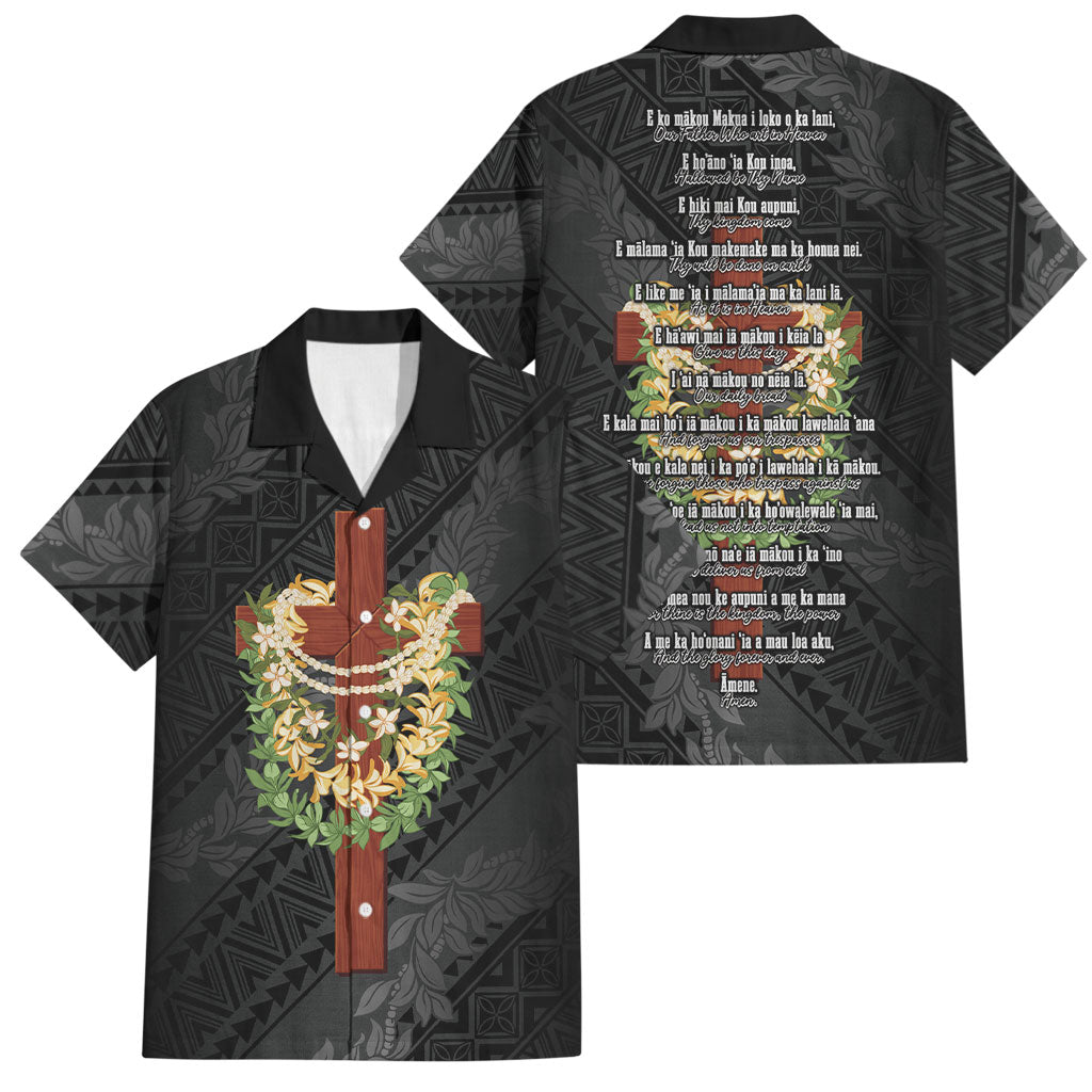 Hawaii Ka Pule a ka Haku Memorial Family Matching Off Shoulder Maxi Dress and Hawaiian Shirt Flower Lei Cross - Black LT7 Dad's Shirt - Short Sleeve Black - Polynesian Pride