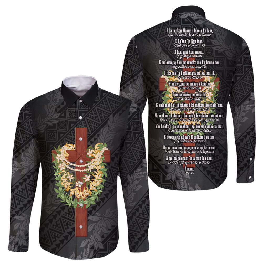 Hawaii Ka Pule a ka Haku Memorial Family Matching Off Shoulder Maxi Dress and Hawaiian Shirt Flower Lei Cross - Black LT7 Dad's Shirt - Long Sleeve Black - Polynesian Pride
