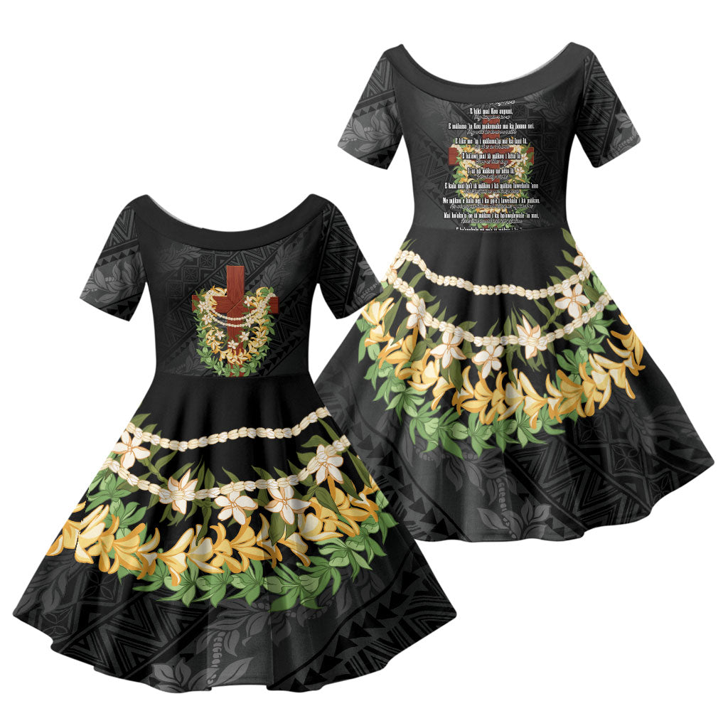 Hawaii Ka Pule a ka Haku Memorial Family Matching Off Shoulder Maxi Dress and Hawaiian Shirt Flower Lei Cross - Black LT7 Daughter's Dress Black - Polynesian Pride