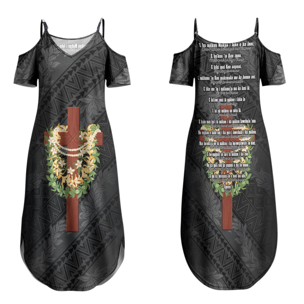 Hawaii Ka Pule a ka Haku Memorial Family Matching Summer Maxi Dress and Hawaiian Shirt Flower Lei Cross - Black LT7 Mom's Dress Black - Polynesian Pride
