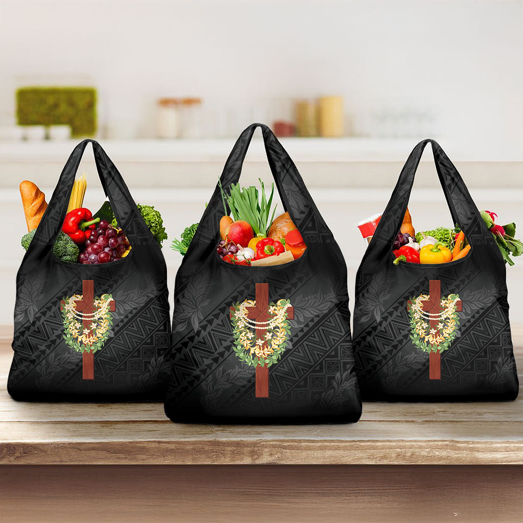 Hawaii Ka Pule a ka Haku Memorial Grocery Bag Flower Lei Cross - Black LT7 3-pack One Size Black - Polynesian Pride