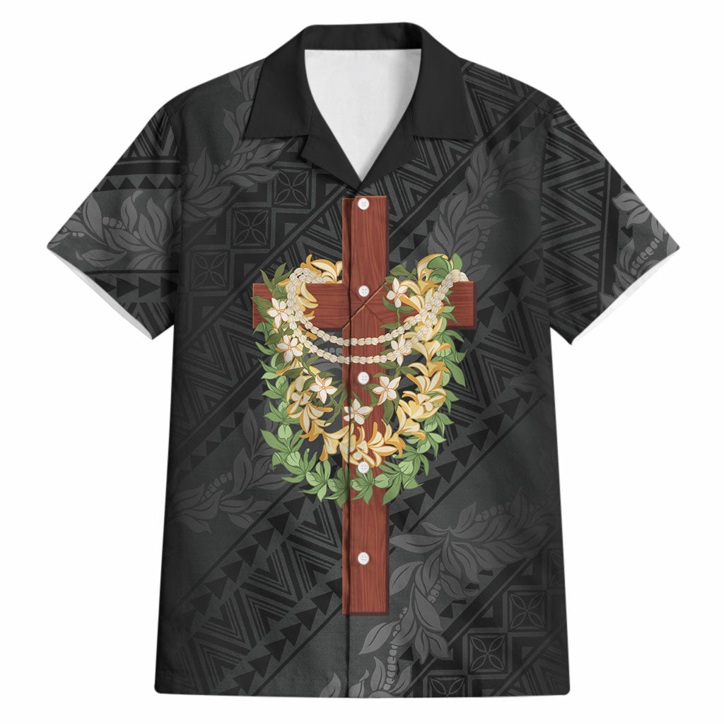 Hawaii Ka Pule a ka Haku Memorial Hawaiian Shirt Flower Lei Cross - Black LT7 Black - Polynesian Pride