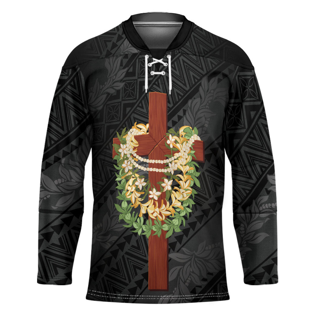 Hawaii Ka Pule a ka Haku Memorial Hockey Jersey Flower Lei Cross - Black LT7 Unisex Black - Polynesian Pride