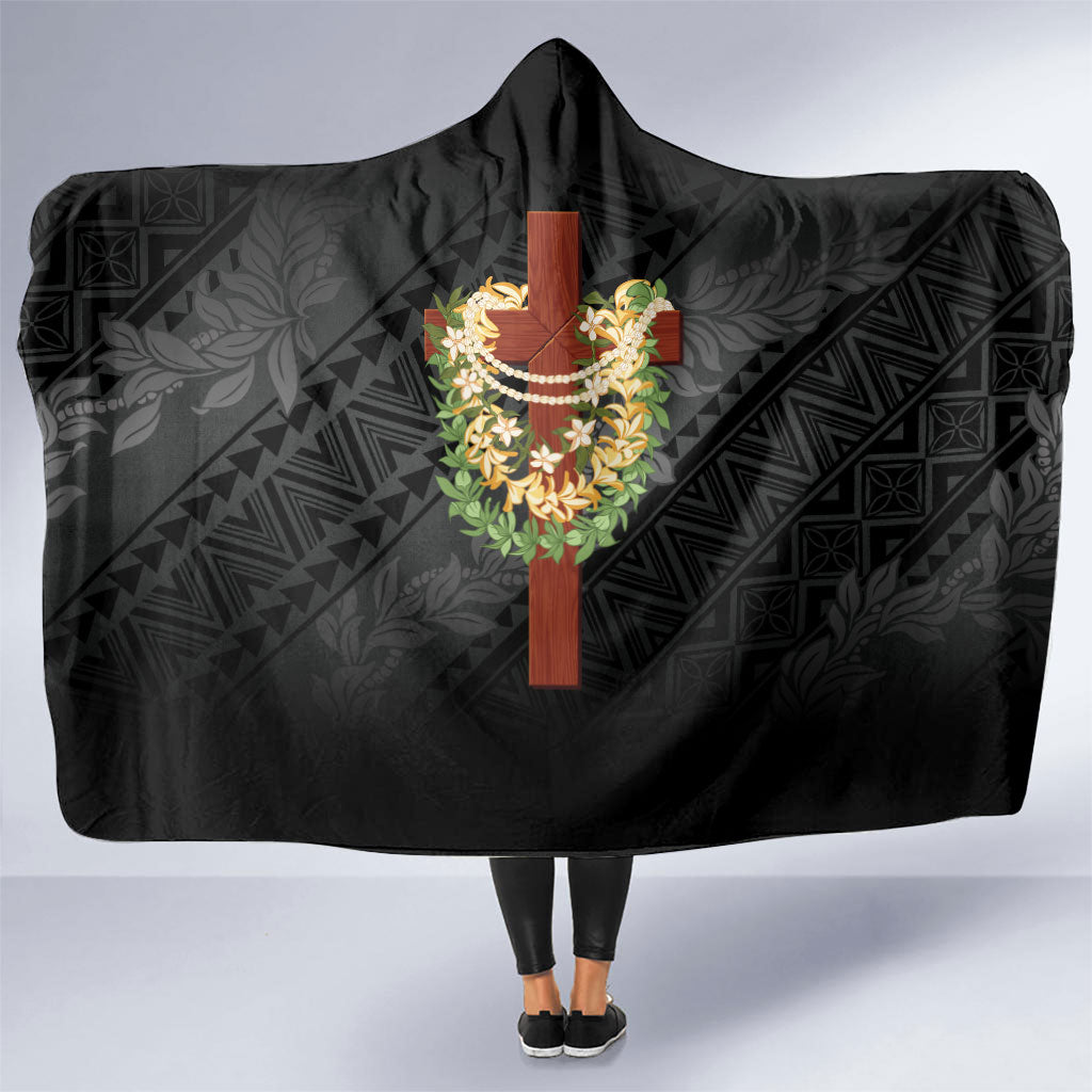 Hawaii Ka Pule a ka Haku Memorial Hooded Blanket Flower Lei Cross - Black LT7 One Size Black - Polynesian Pride