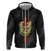 Hawaii Ka Pule a ka Haku Memorial Hoodie Flower Lei Cross - Black LT7 Zip Hoodie Black - Polynesian Pride