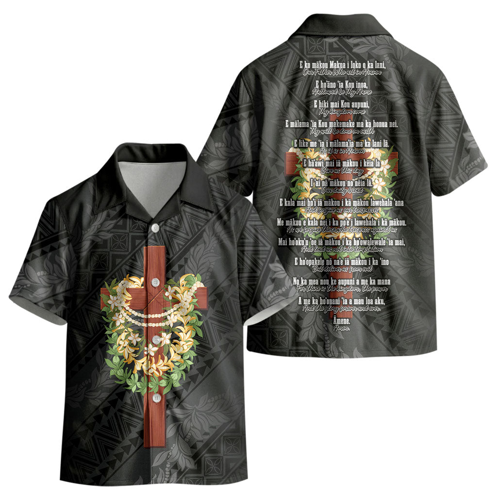 Hawaii Ka Pule a ka Haku Memorial Kid Hawaiian Shirt Flower Lei Cross - Black LT7 - Polynesian Pride