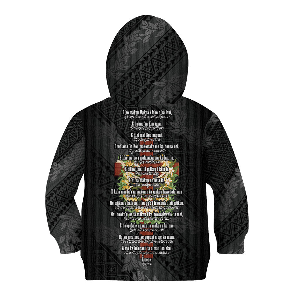 Hawaii Ka Pule a ka Haku Memorial Kid Hoodie Flower Lei Cross - Black LT7 - Polynesian Pride