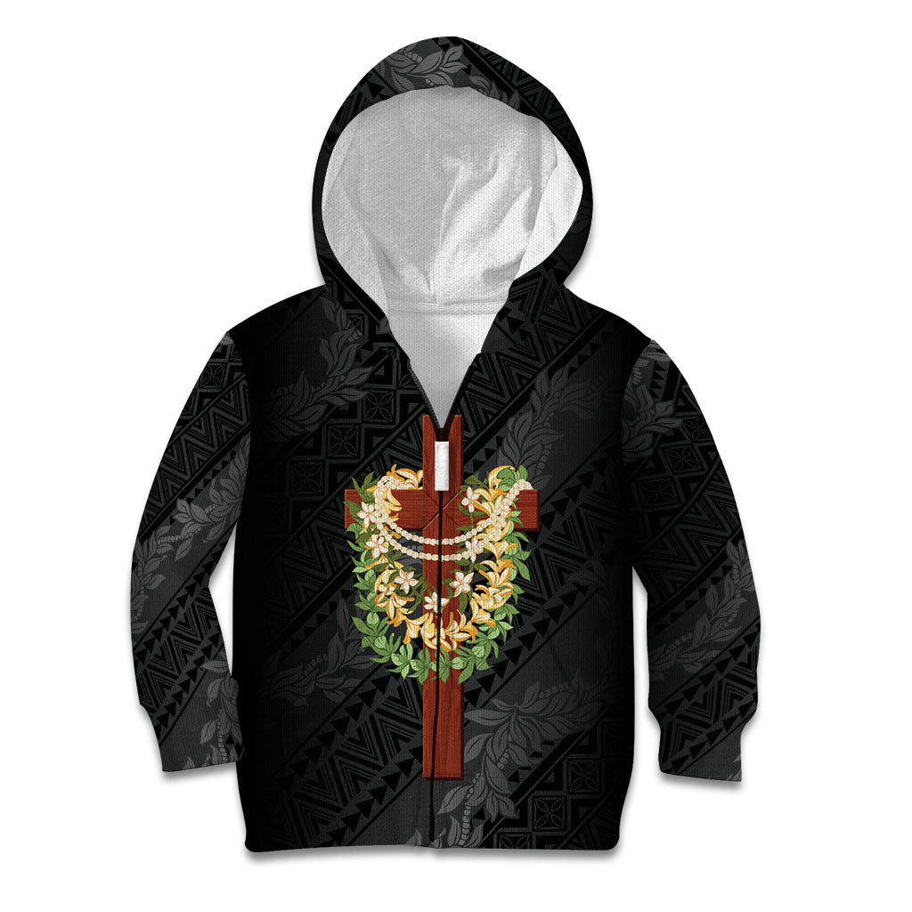Hawaii Ka Pule a ka Haku Memorial Kid Hoodie Flower Lei Cross - Black LT7 Zip Hoodie Black - Polynesian Pride