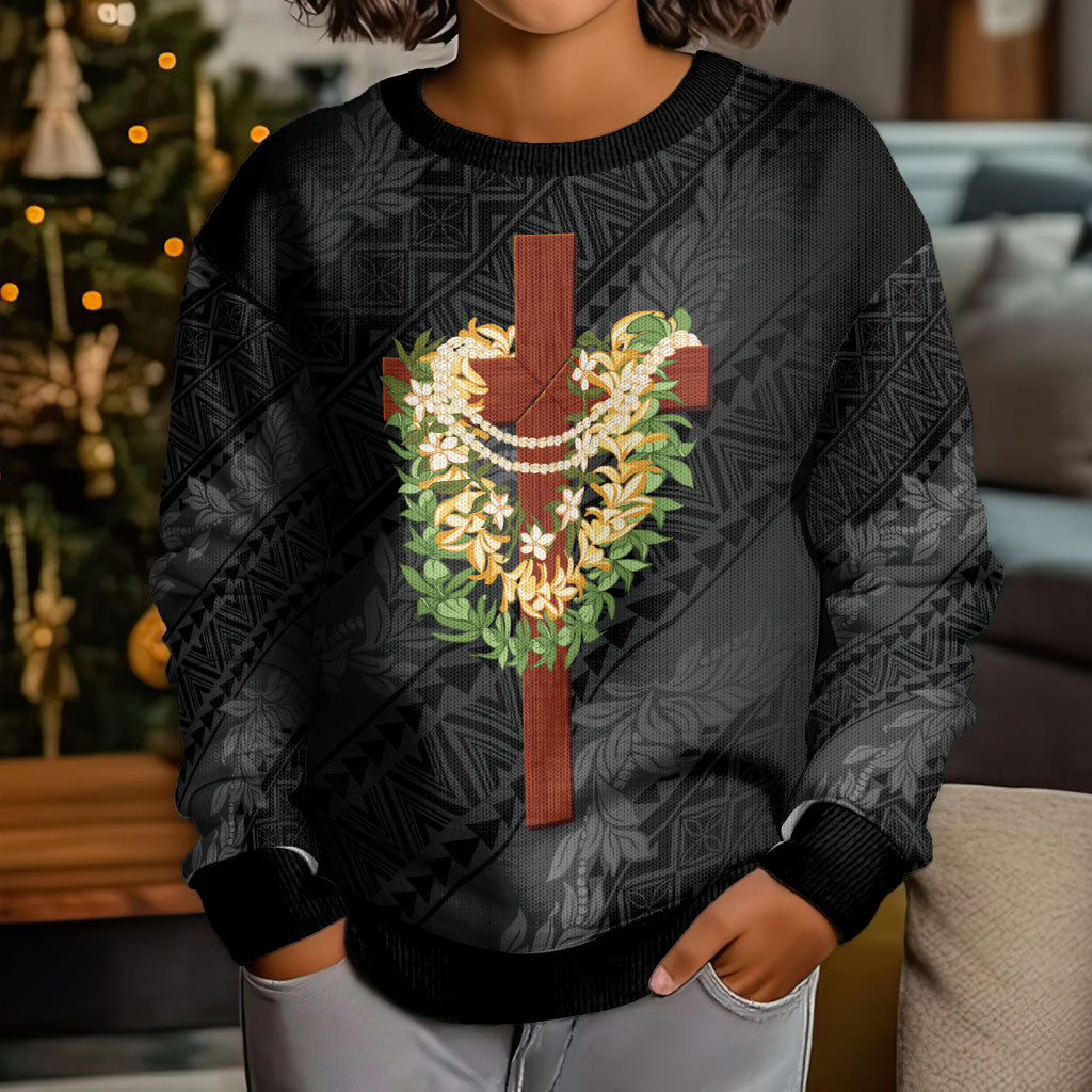 Hawaii ⁠Ka Pule a ka Haku Memorial Kid Ugly Christmas Sweater Flower Lei Cross - Black